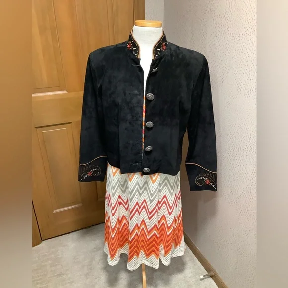 Scully Embroidered Black Genuine Leather Suede Cropped Western Jacket / Size 14 - Picture 1 of 7